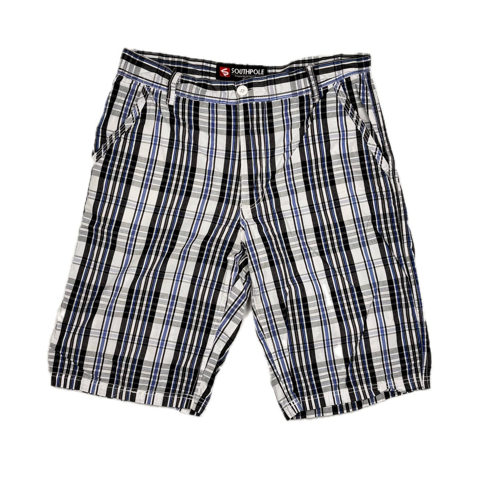 Southpole Mens Plaid Shorts Black White Blue Checkered Size 32 Streetwear Y2K